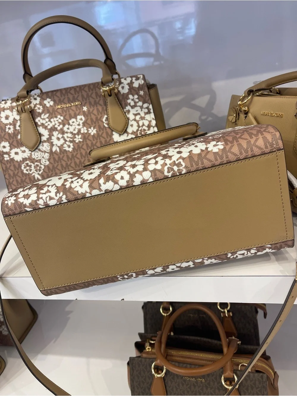 MICHAEL KORS Marilyn Medium Printed Signature Logo Satchel Crossbody  CAMEL NWT